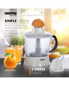 Geepas 25 Watt Citrus Juicer for with 2 Cones, Bi-Direction Twist, 1.2L Capacity