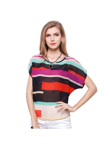 Y&D Round Neck Zig Zag Pattern Chiffon Material Short Sleeve Blouse For Women