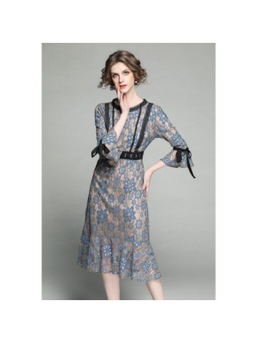 Y&D Womens A-Line Round Neck Retro Flare Sleeve Lace Patch Flower Decor Midi Sweet Dress