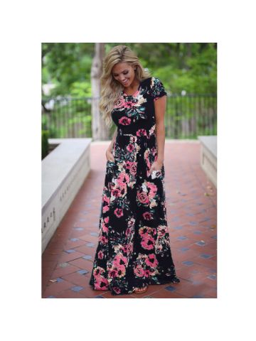 Y&D Women's O Neck Elegent Flower Pattern A Line Maxi Long Dress