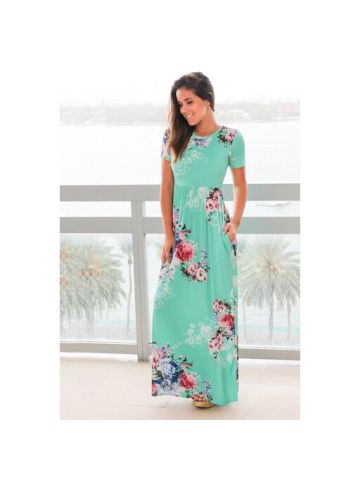 Y&D Women's A Line Floral Patchwork Tassel Round Neck Short Sleeve Maxi Long Dress Multi Color