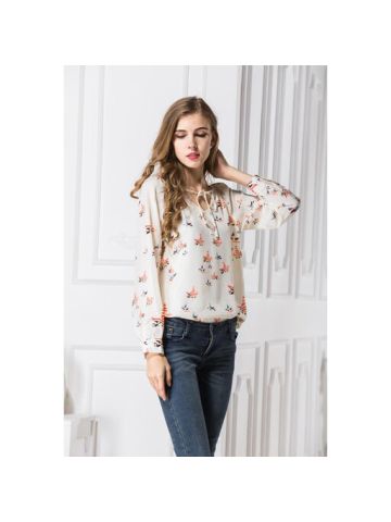 Y&D Women's Blouse Chic Fashion V Neck Long Sleeve Flower Bow Decor Sweet Blouse White
