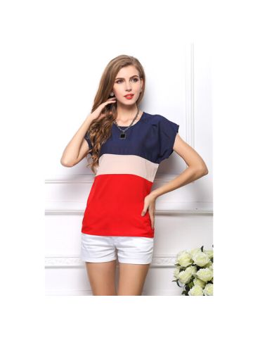 Y&D Women's Round Neck Floral Pattern Short Sleeve Fashion Chiffon Blouse