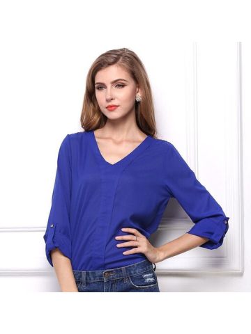 Y&D V Neck Solid Pattern Chiffon Material Full Sleeve Blouse For Women