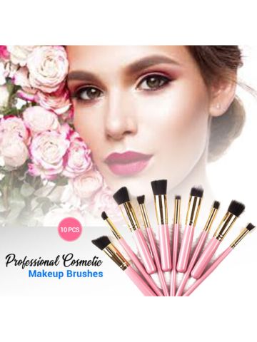 10 Peices Professional Cosmetic Makeup Brushes Foundation Buffer Brush-pink