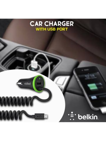 Belkin - Boost Up Car Charger with USB Port and Built-In Lightning Cable - Black