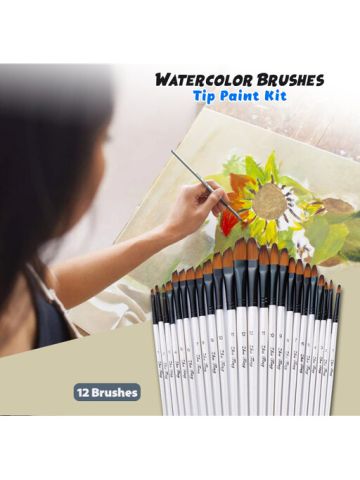12 Artist Watercolor Painting Brushes Flat & Tip Paint Kit