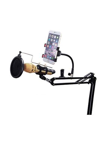 Adjustable Recording Microphone Arm Stand with Mic Round Shape Wind Pop Filter Mask Shield Phone Holder Metal