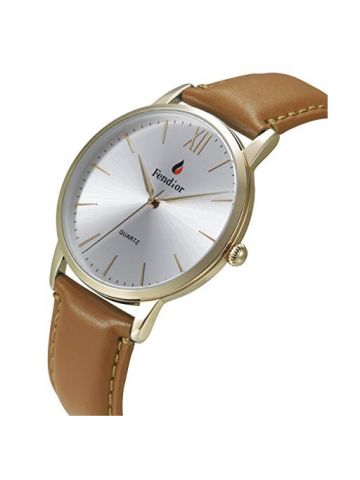 Fendior Waterproof Slim Mens Brown Leather Band Luxury Gold Quartz Watches