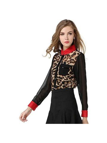 Y&D Women's Shirt A Line Floral Patchwork Shirt Neck Leopard Decor Fashion Top Multi Color