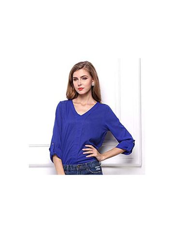 Y&D Women's V Neck Floral Pattern Ruffle Design Three Quarter Sleeve Solid Color Blouse Color