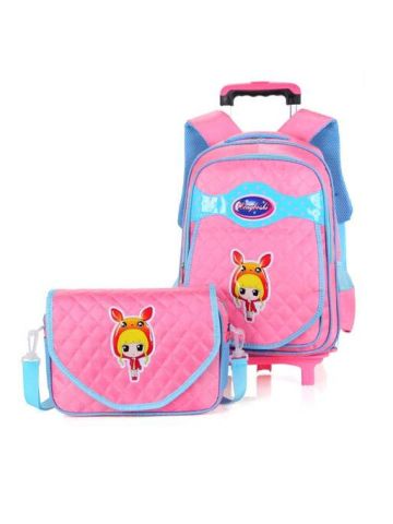 Y&D Kids's Trolly Bag 2Pcs Set Multifunctional Polka Dot Double Wheel Solid Color Waterproof School Backpack Set Baby Pink