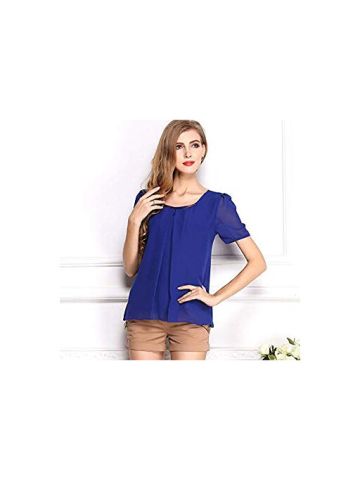 Y&D Women's Round Neck Short Sleeve Chiffon Top Solid Color Hollow Out Blouse Light Color