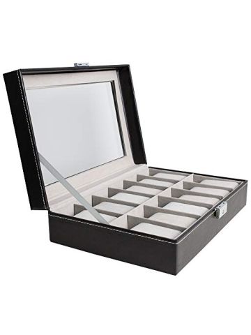 Cas De` Lux Luxury Watch Box With Glass Lid And Lock, 12 Slots
