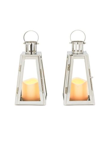 LampLust 2 Stainless Steel Glass Lanterns With 2 Resin Candles, Warm White LEDs,
