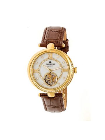 Empress Stella Automatic Semi-Skeleton Dial Leather-Band Watch - Gold/White/Brown