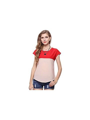 Y&D Women's Casual Fashion Round Neck Floral Pattern Ruffle Design Short Sleeve Solid Color Blouse