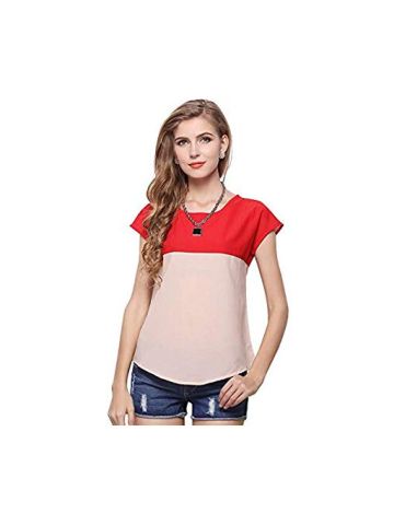 Y&D Women'S Casual Fashion Round Neck Floral Pattern Ruffle Design Short Sleeve Solid Color Blouse Multi Color