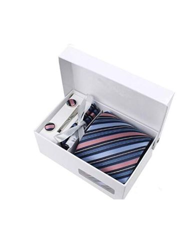 Multicolor Stripes Mens Tie Set Necktie Cufflinks and Tie Clips Design for Male