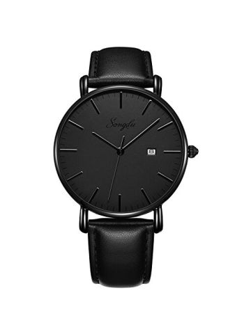 Songdu Men's  Analog Date Wrist Watch Grey Dial With Black Leather Strap