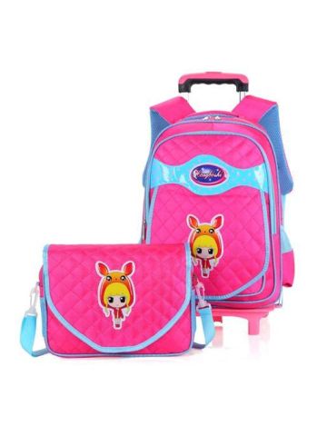 Y&D Kids's Trolly Bag Multifunctional Polka Dot Double Wheel Solid Color Waterproof School Backpack Set Pink B07Q1D8RX7