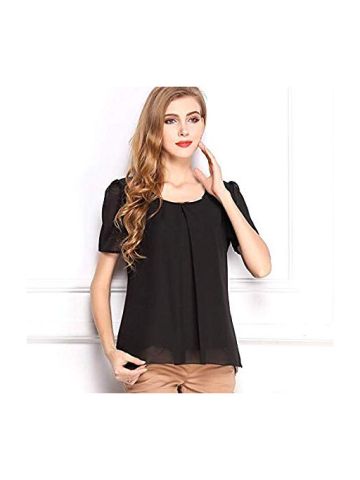 Y&D Women'S Round Neck Short Sleeve Chiffon Top Solid Color Hollow Out Blouse Light Black Color