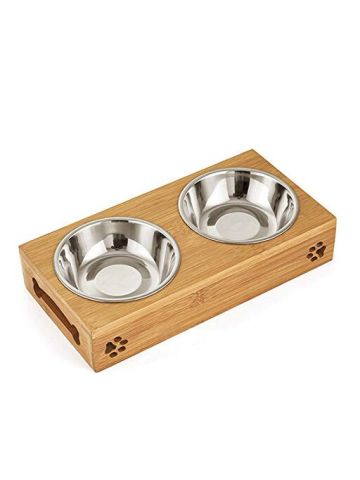 Double Pet Dog Bowl Stainless Steel Pet Bowl Bamboo Bottom Food Water Dual-Use Feeding Dish