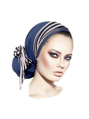 Soft Pre-tied Navy Blue Head-scarf Snood With Black & White Stripe Wrap