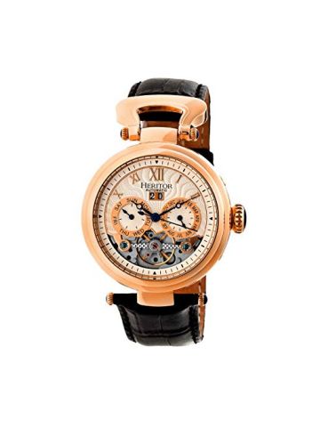 Heritor Automatic Ganzi Semi-Skeleton Leather-Band Watch - Rose Gold/Silver
