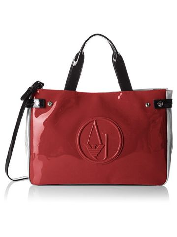Armani Jeans Color Blocked Eco Patent Shopper, Burgundy/Grigio/Black
