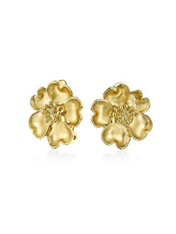 Bling Jewelry Heart Shaped Matte Gold Plated Brass Petal Flower Clip On Earrings