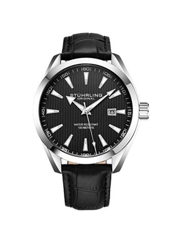 Stuhrling Men's Black Dial, Silver Case, Black Leather Strap Watch