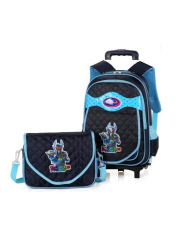 Y&D Kids's Trolly Bag 2Pcs Polka Dot Double Wheel Solid Color Waterproof School Backpack Set Black/Blue B07Q24NPWH