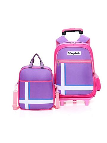 Y&D Kids's Trolly Bag Set 2Pcs Plain Style Detachable Double Wheel Solid Color Waterproof School Backpack Set Purple B07P1PHKZD