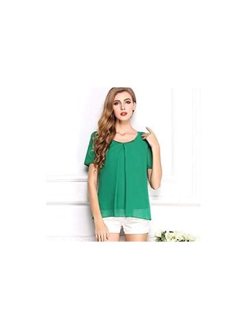 Y&D Women's Round Neck Short Sleeve Chiffon Top Solid Color Hollow out Blouse Green Color