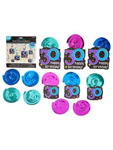 Amscan Printed The No. 30 Cheery Swirl Decors, Black/Purple/Blue/Silver