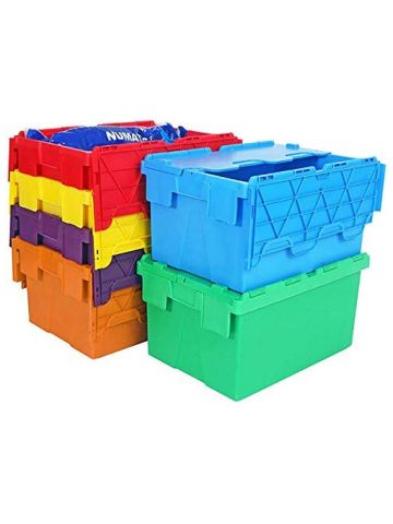 Blue Plastic 55 Litre Heavy Duty Storage Boxes (60 X 40 X 30.6cm) Crates With Attached Hinged Lids (5)