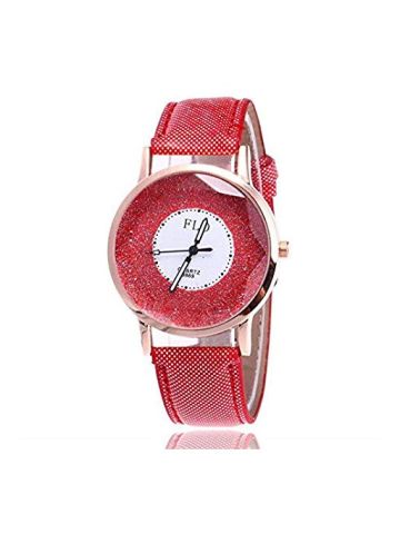FLO Watch For Women PU Leather Retro Style Classic Round Dial All Match Trendy Watch Red