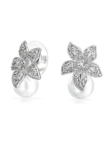 Bling  Flower Bridal CZ Simulated Pearl Earrings  Rhodium Plated Brass