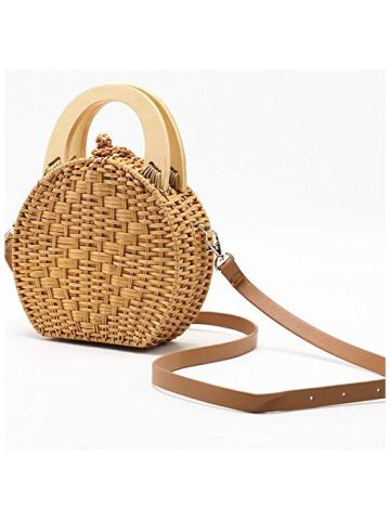 Y&D Style Wooden Handle Rattan Knit Bag, Shoulder Bag, Commuter Bag B07Q49R3JN