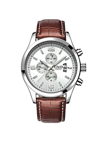 Civo Men's White Decorative Dial Luxury Brown Leather Band Waterproof