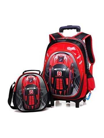 Y&D Kids's Trolly Bag Set, 2Pcs Striped Pattern Double Wheel Waterproof School Sports Backpack Set Red B07Q21PGSP