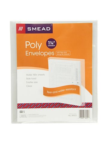 Smead Poly Envelope, 1-1/4 Expansion, String-Tie Closure, Side Load, Letter Size, Clear, 5 Per Pack