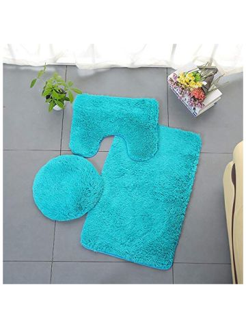 3 Pc Bathroom Set Rug Contour Mat Toilet Lid Cover Plain Solid Color Bathmats