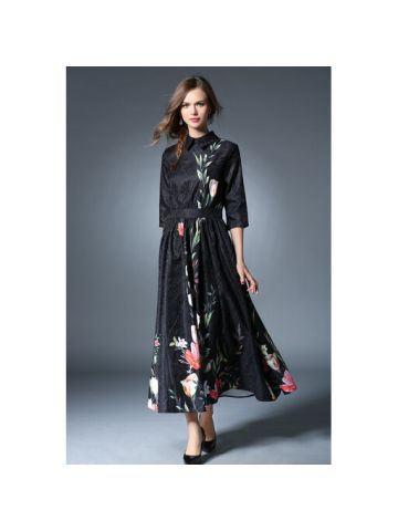 Y&D Fashion Floral Pattern Maxi Long Dress For Women, Black