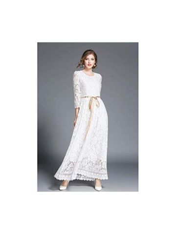 Y&D Women'S A Line Round Neck Hollow Out Lace Patchwork Flower Decor Maxi Long Sleeve Dress White Color