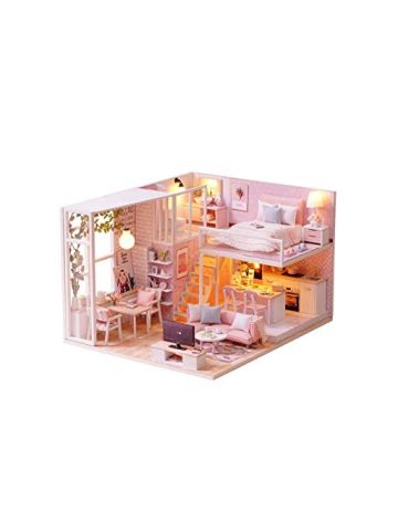 Diy Miniature Loft Dollhouse Kit Realistic Mini 3D Pink Wooden House