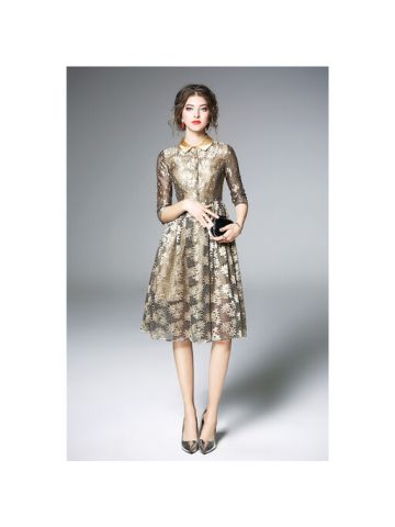 Y&D Mid Calf Shirt Neck Solid Pattern Full Sleeve Dress For Women Gold Color