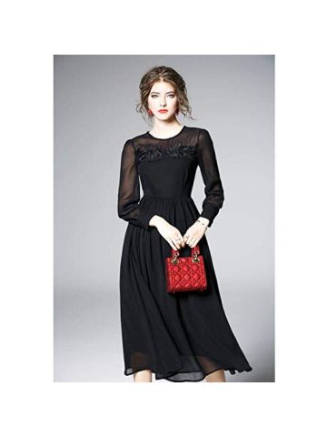 Y&D Women's A Line Hollow Out Round Neck Long Sleeve Patchwork Vintage Crochet Solid Color Dress Color