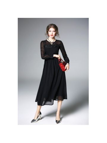 Y&D Mid Calf Round Neck Solid Pattern Full Sleeve Dress For Women Black Color